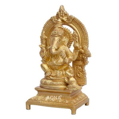 Set of 3 handcrafted 7-inch solid brass Lakshmi, Ganesha and Saraswati idols each with ornate prabhavali arch and engraved footed base — antique gold finish temple trio — ArtyCraftz