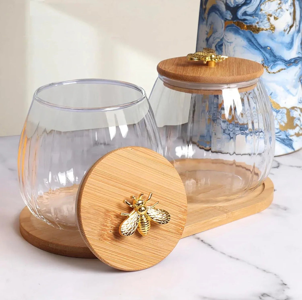 Glass Storage Jars with Decorative Golden Bee wooden lids