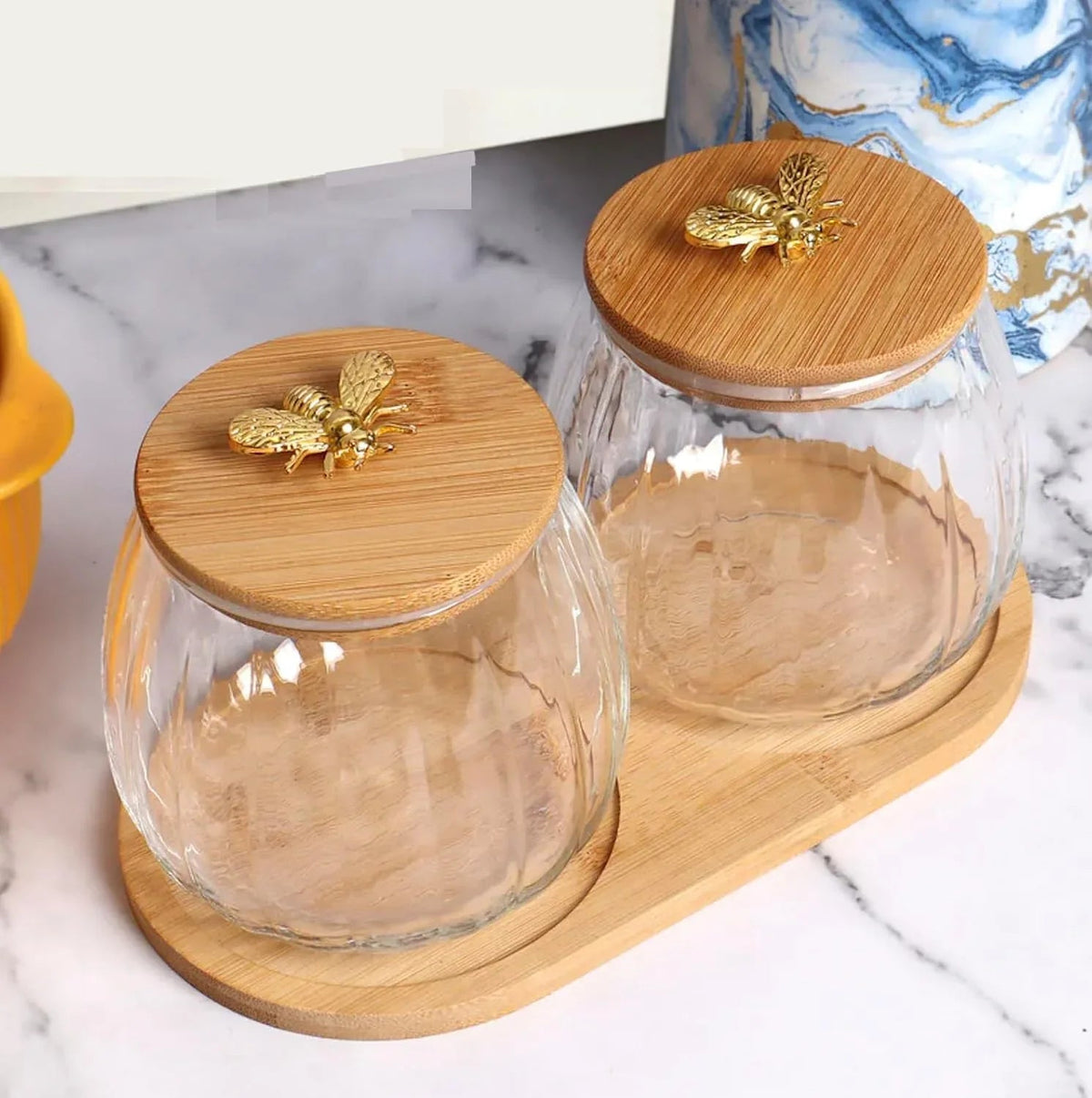 Glass Storage Jars with Decorative Golden Bee wooden lids