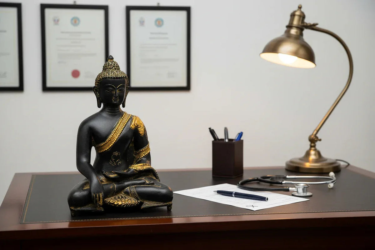 Handcrafted solid brass Buddha idol seated in Bhumisparsha Mudra — dramatic black body with gold robe border detailing, lotus motif and Ushnisha crown — ArtyCraftz