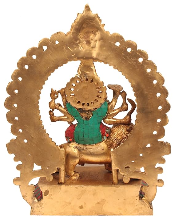 Brass Goddess Durga Seated at Lion with Kirtimukha Statue with Inlay