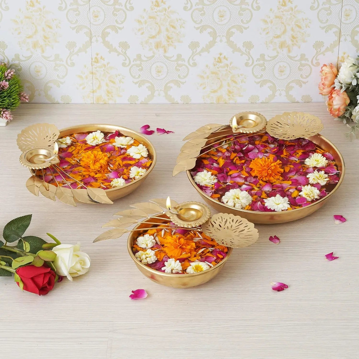 Gold Polish Leaf and Flower Pattern with Diya and Urli