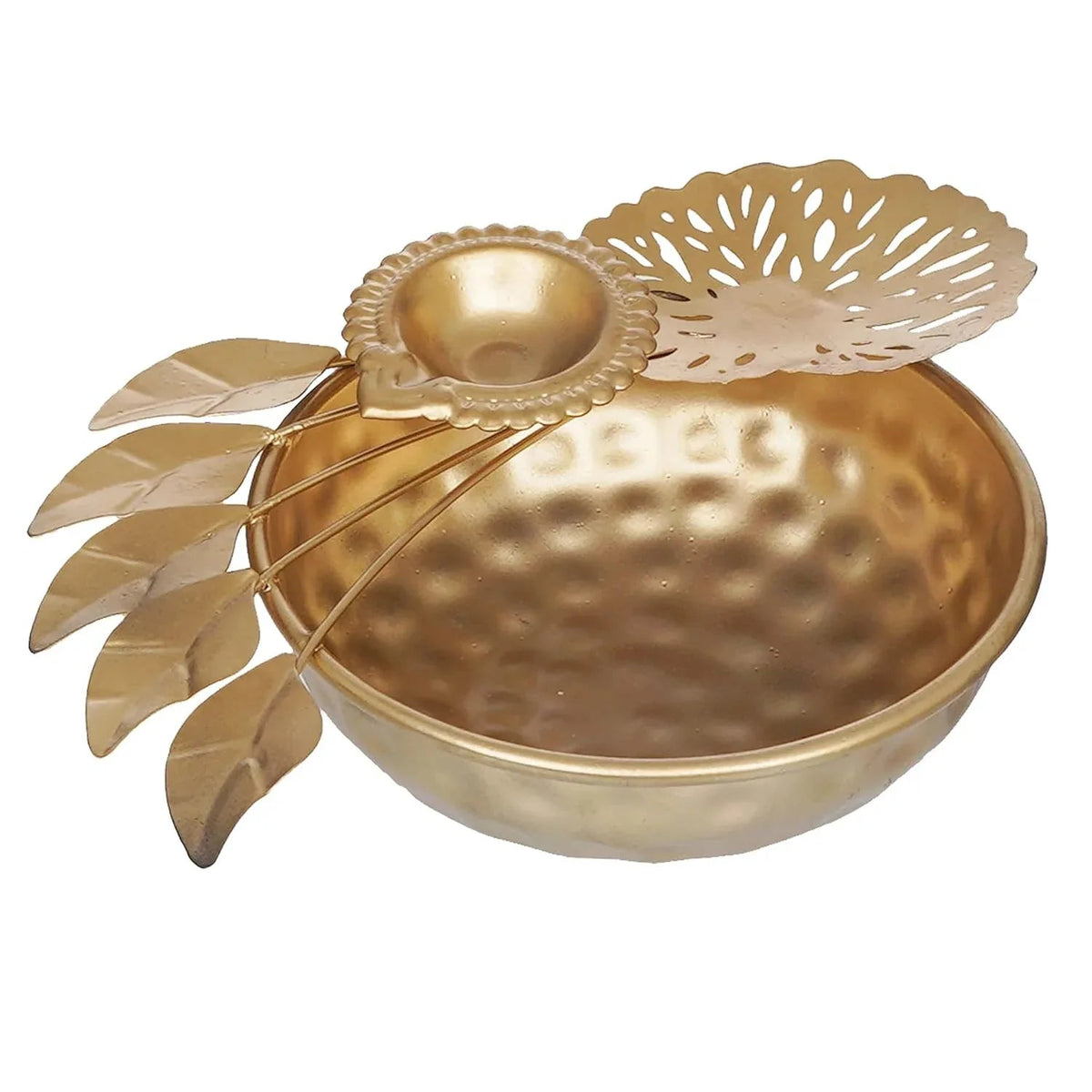 Gold Polish Leaf and Flower Pattern with Diya and Urli Top & Front View
