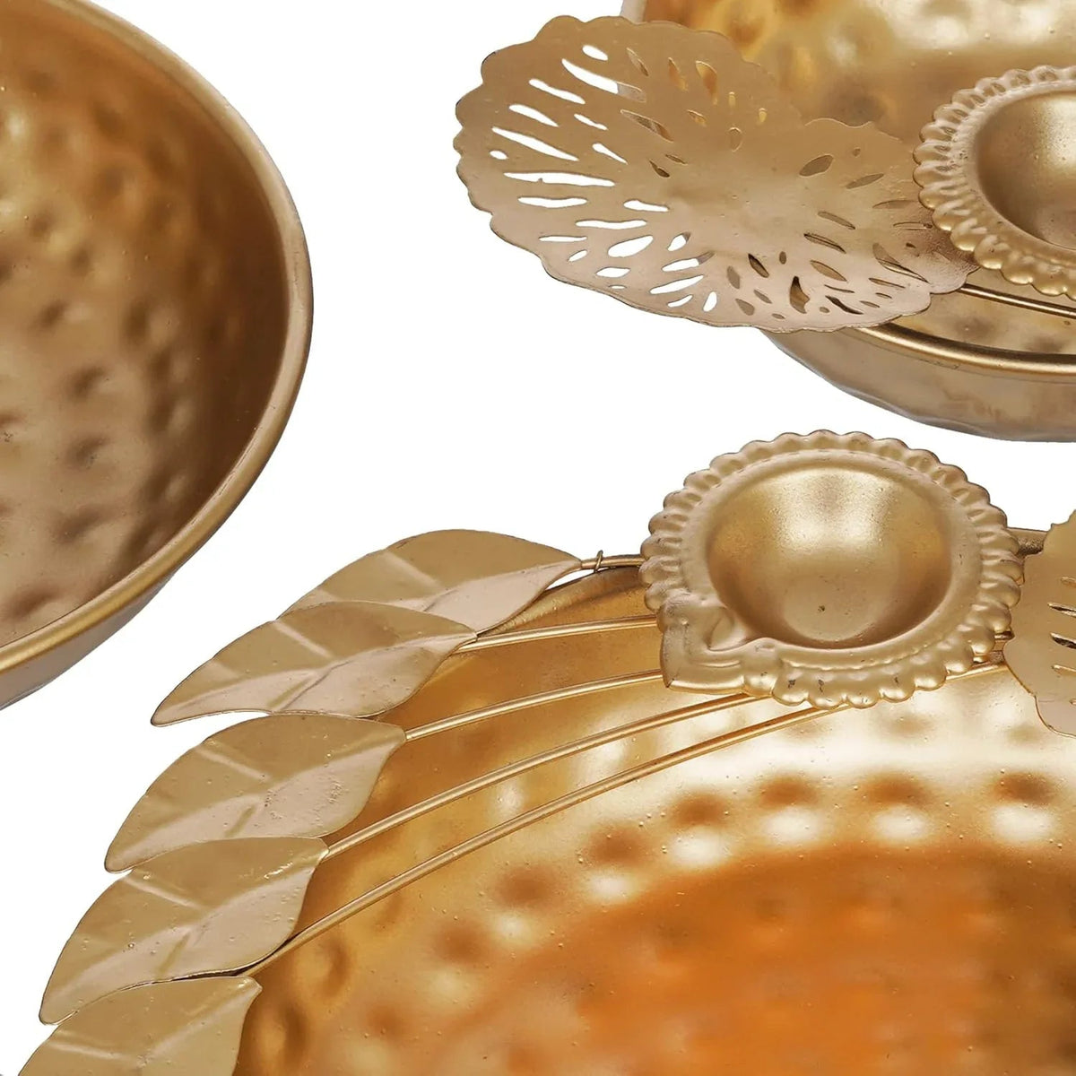 Gold Polish Leaf and Flower Pattern with Diya and Urli Detailed View