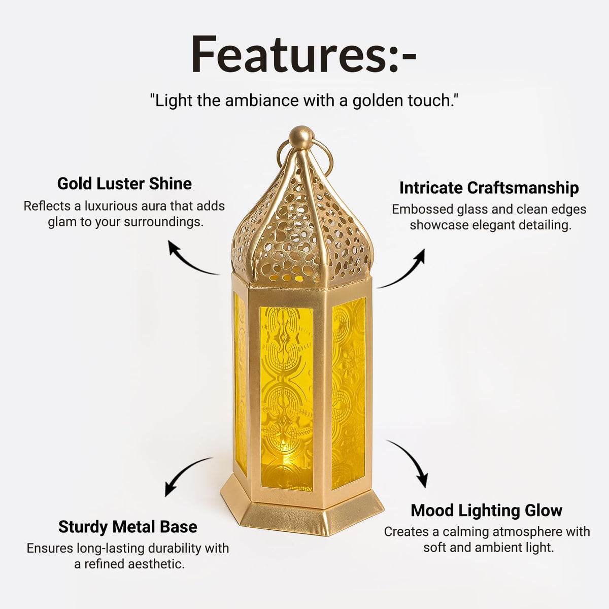 Gold Iron Decorative Lantern with Yellow Glass Panels-artycraftz.com