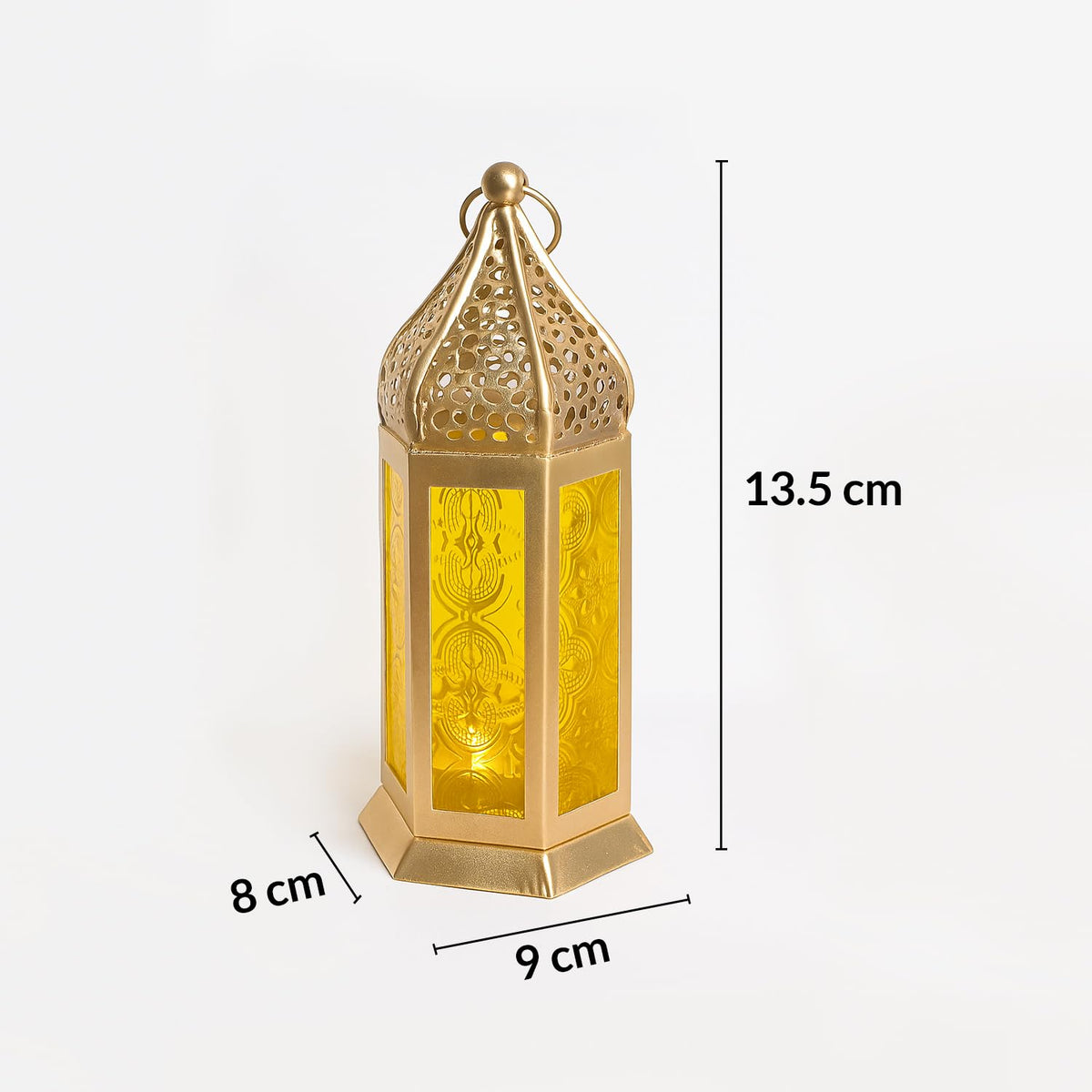 Gold Iron Decorative Lantern with Yellow Glass Panels-artycraftz.com