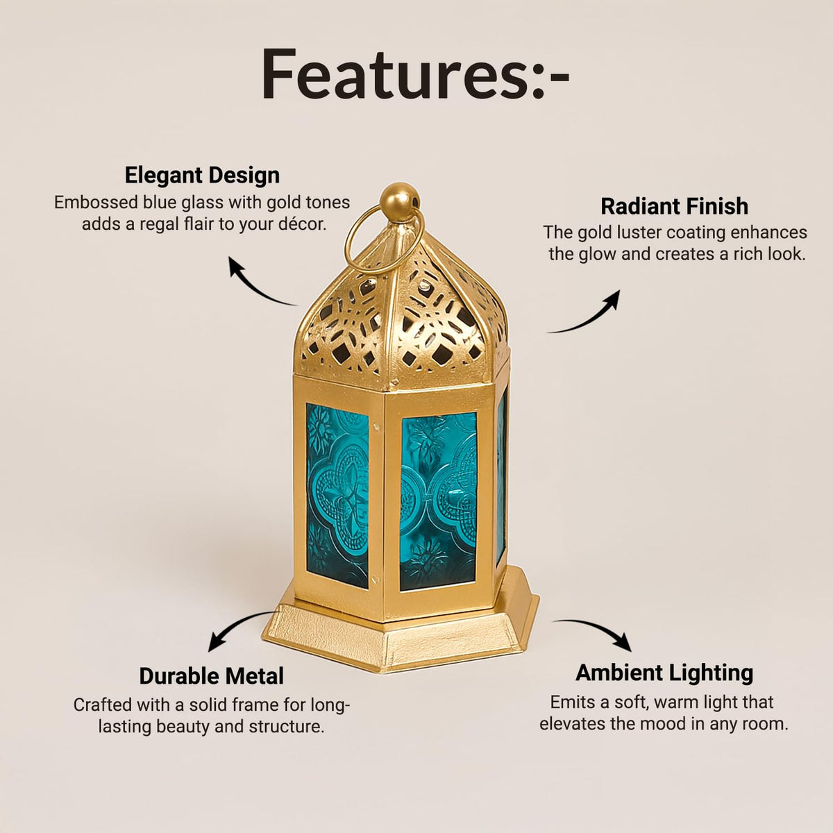Gold Iron Lantern with Blue Glass Panels-artycraftz.com