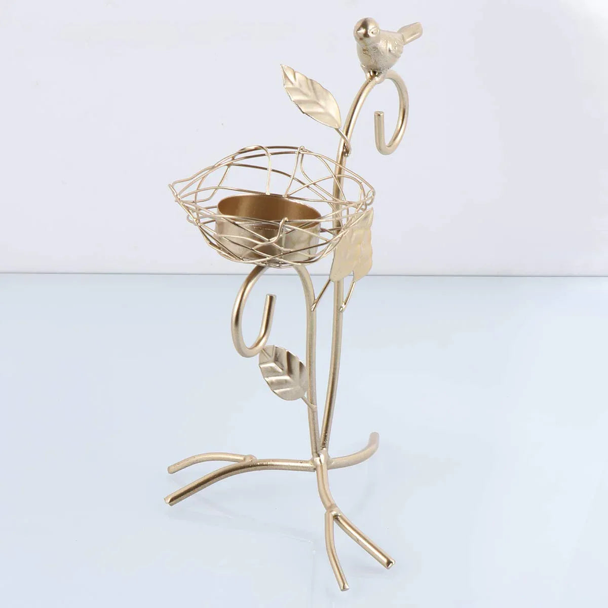 Golden Tree Branch Shape Small Bird Iron Candle Holder