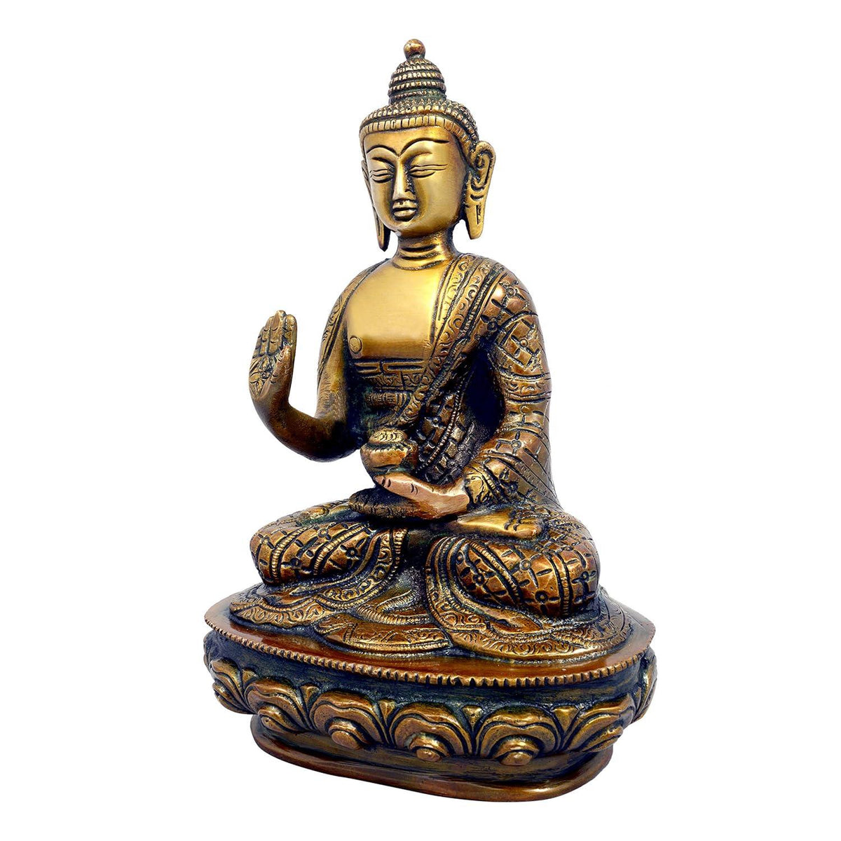 Handcrafted 7.5-inch solid brass Buddha idol seated in Abhaya Mudra — warm copper and antique gold two-tone finish with engraved robe and medicine bowl on lotus base — ArtyCraftz