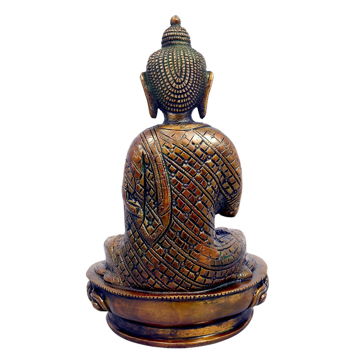 Handcrafted 7.5-inch solid brass Buddha idol seated in Abhaya Mudra — warm copper and antique gold two-tone finish with engraved robe and medicine bowl on lotus base — ArtyCraftz
