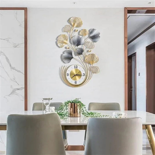 Green Metal Wall Clock with Golden Ginko Leaf Design