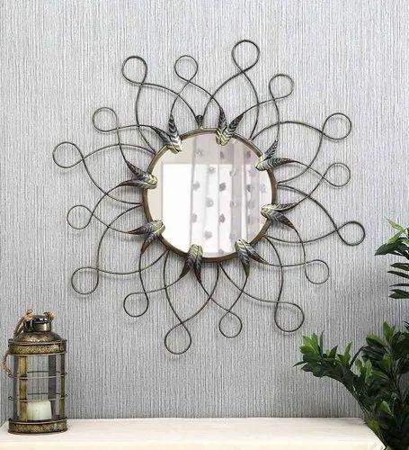 Grey Iron Abstract Leaf Round Wall Mirror