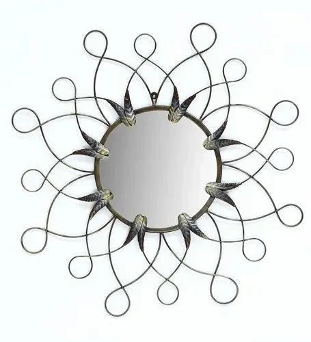 Grey Iron Abstract Leaf Round Wall Mirror