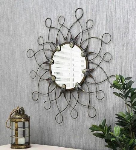 Grey Iron Abstract Leaf Round Wall Mirror