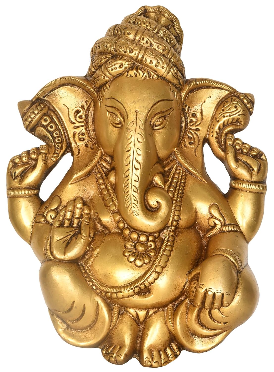 Handcrafted 10-inch solid brass Ganesha wall hanging in relief form, leaf-engraved trunk, jata crown, antique gold finish — premium sacred wall art by ArtyCraftz