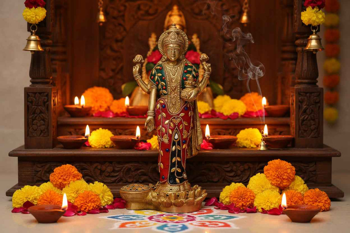 Standing Brass Lakshmi Idol 10 Inch Handcrafted Maa Lakshmi with Stone Inlay Saree | Red Green Blue & Gold | Lotus Base