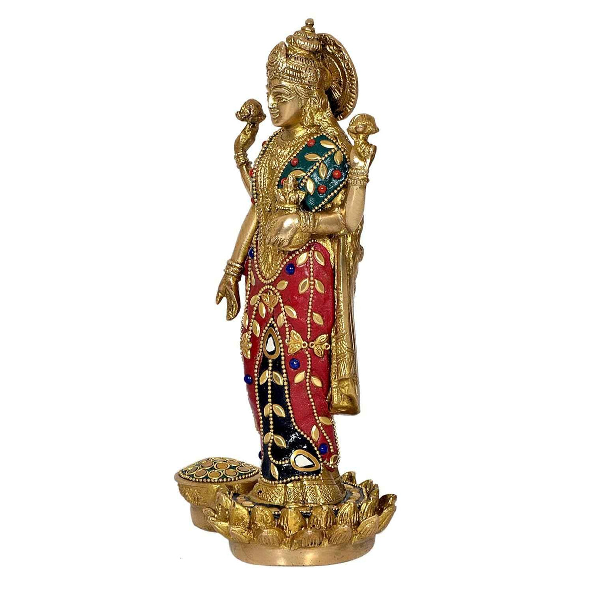 Standing Brass Lakshmi Idol 10 Inch Handcrafted Maa Lakshmi with Stone Inlay Saree | Red Green Blue & Gold | Lotus Base