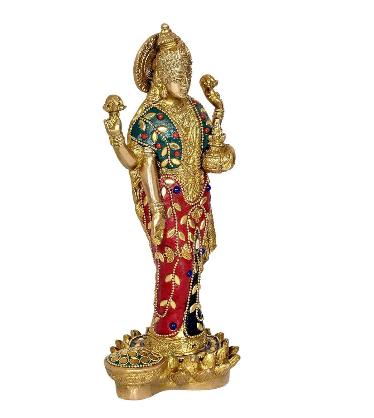 Standing Brass Lakshmi Idol 10 Inch Handcrafted Maa Lakshmi with Stone Inlay Saree | Red Green Blue & Gold | Lotus Base