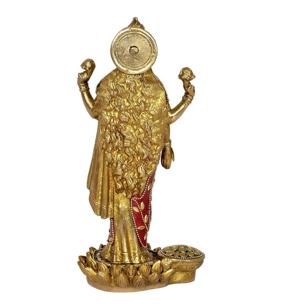 Standing Brass Lakshmi Idol 10 Inch Handcrafted Maa Lakshmi with Stone Inlay Saree | Red Green Blue & Gold | Lotus Base