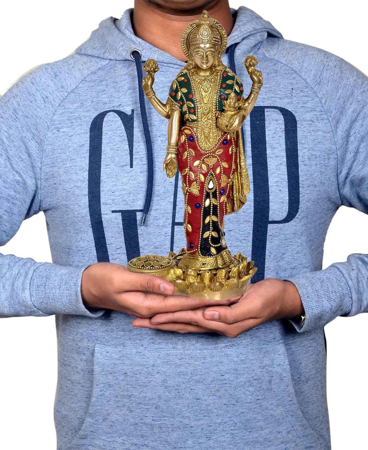 Standing Brass Lakshmi Idol 10 Inch Handcrafted Maa Lakshmi with Stone Inlay Saree | Red Green Blue & Gold | Lotus Base