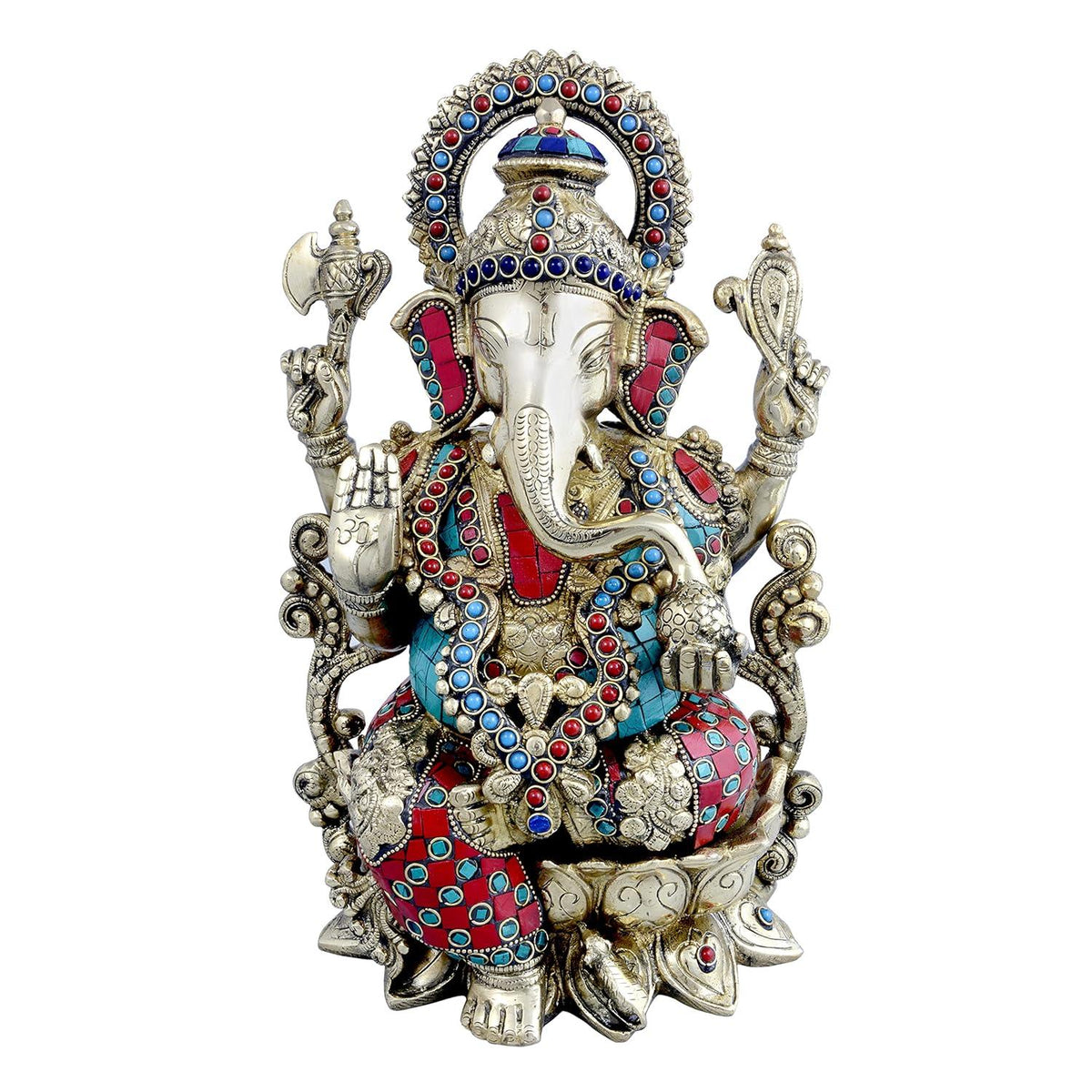 Handcrafted 13-inch white brass Ganesha idol with extensive turquoise and coral red stone inlay work, Om engraved palm, halo arch and lotus base Tibetan style — ArtyCraftz