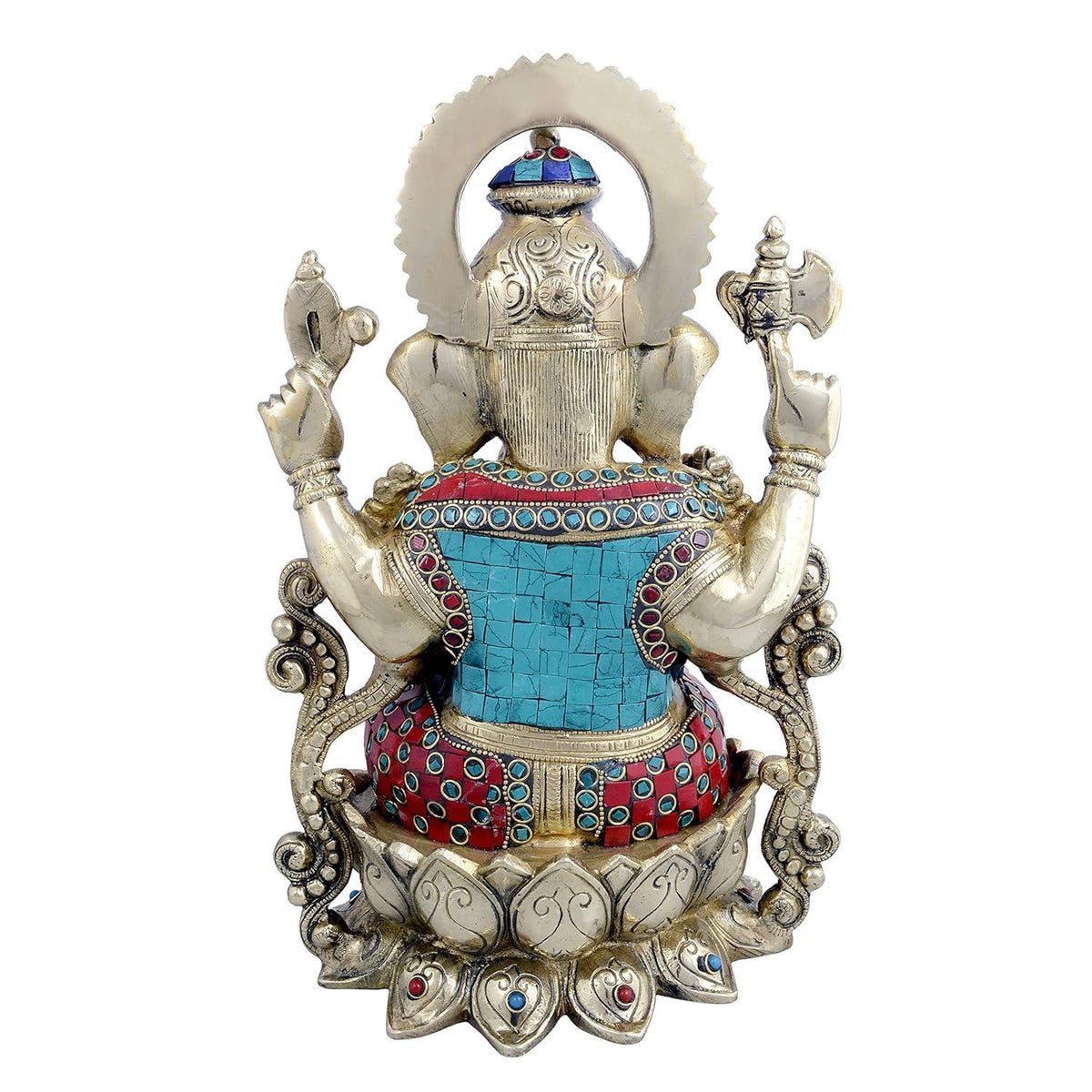 Handcrafted 13-inch white brass Ganesha idol with extensive turquoise and coral red stone inlay work, Om engraved palm, halo arch and lotus base — Tibetan style — ArtyCraftz