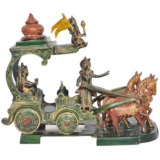 Brass Krishna Arjuna Chariot Statue - Kurukshetra Mahabharat Krishna Standing with Horses
