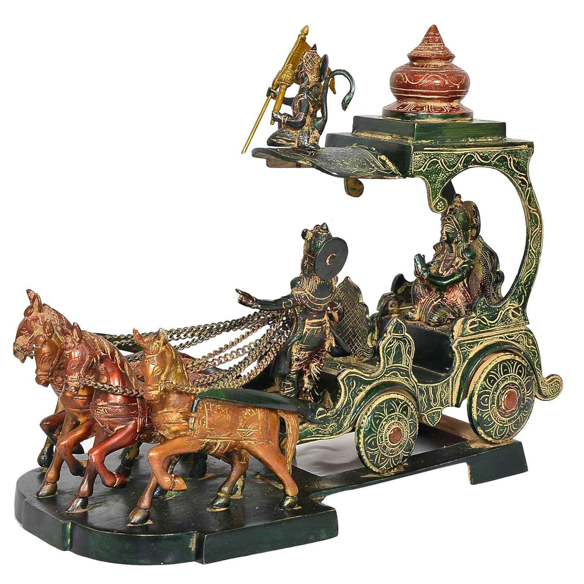 Brass Krishna Arjuna Chariot Statue - Kurukshetra Mahabharat Krishna Standing with Horses