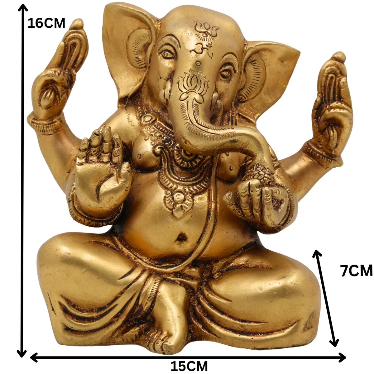 Handcrafted 16 cm solid brass Ganesha idol seated in Sukhasana with Om and lotus engraved on forehead, four arms in blessing pose, antique gold finish — ArtyCraftz