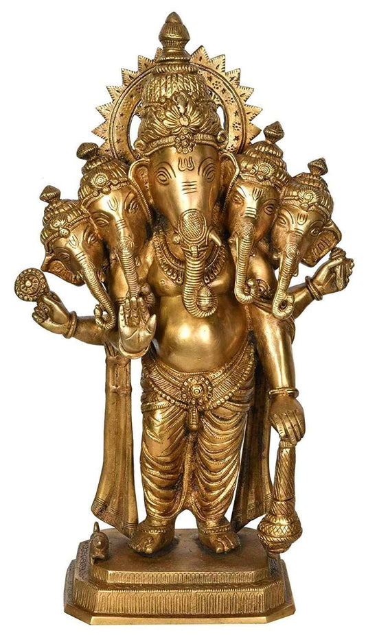 Brass Panchmukhi Ganesha Idol 17 Inch Handcrafted Five-Faced Standing Ganpati Statue | Rare Mahaganapati Form | Temple Grade