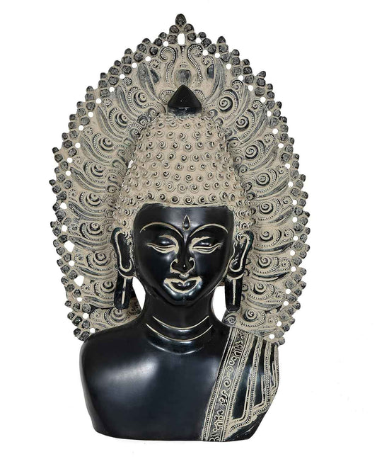 Brass Buddha Head Bust 18 Inch Handcrafted Black & Silver Prabhavali Arch Statement Piece | Meditation & Contemporary Sacred Decor