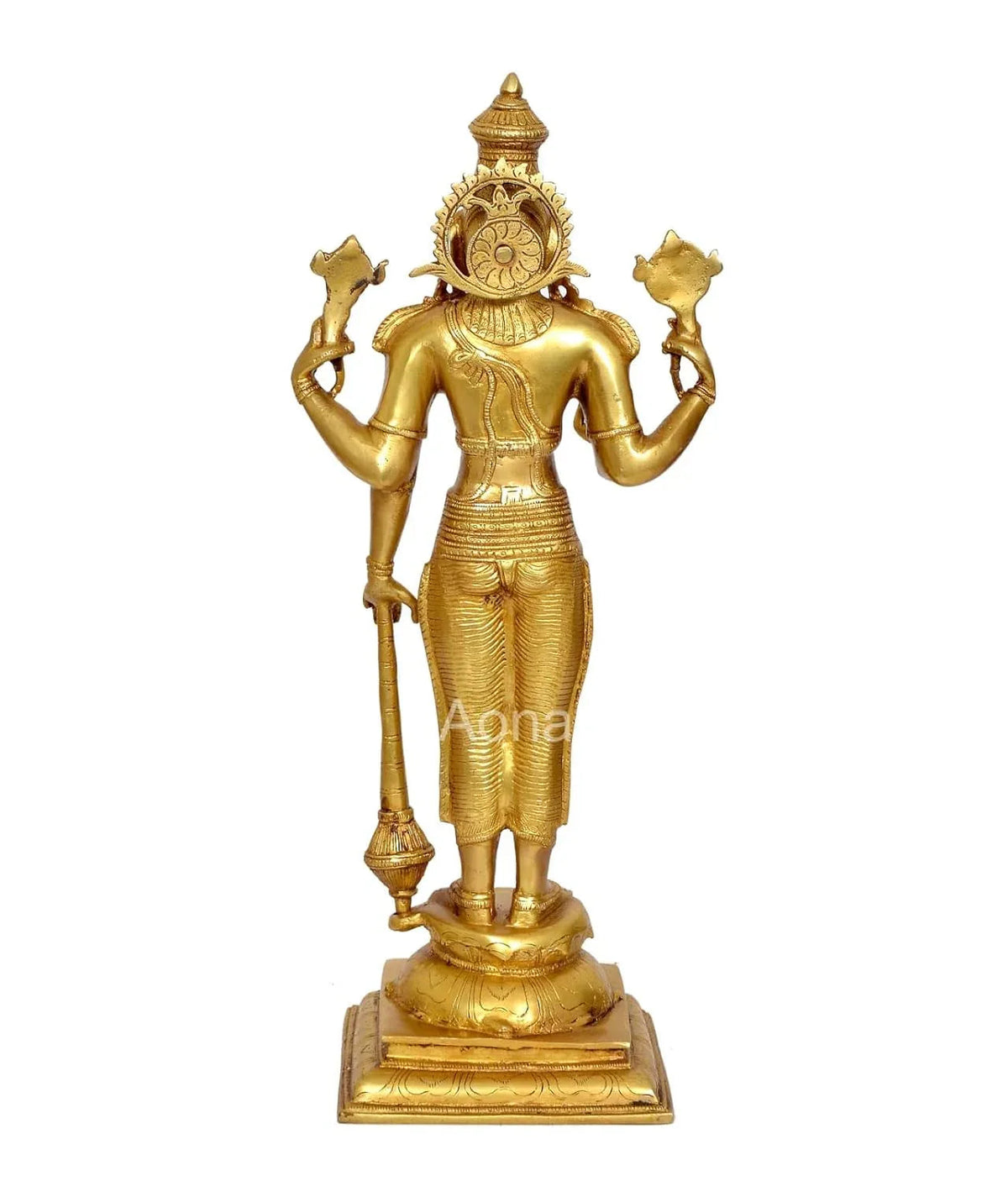 Handcrafted 20.5-inch standing brass Vishnu idol in Chaturbhuj form holding Sudarshana Chakra, Shankha, Gada and Padma, on lotus pedestal — ArtyCraftz