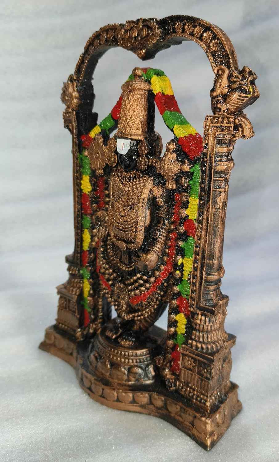 Tirupati Balaji Idol with Arch 21 cm Handcrafted Polyresin Venkateswara Statue | Temple Replica with Garlands