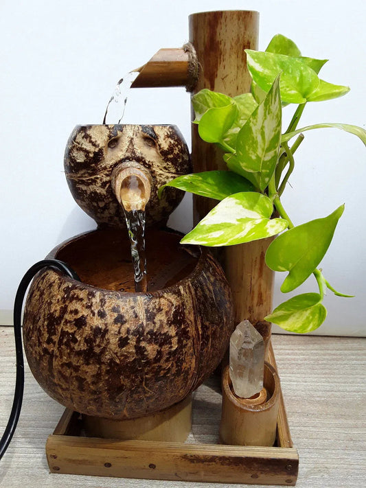 Handcrafted 2 Steps Coconut shell and Bamboo Fountain for Home and Garden Decor - ArtyCraftz.com