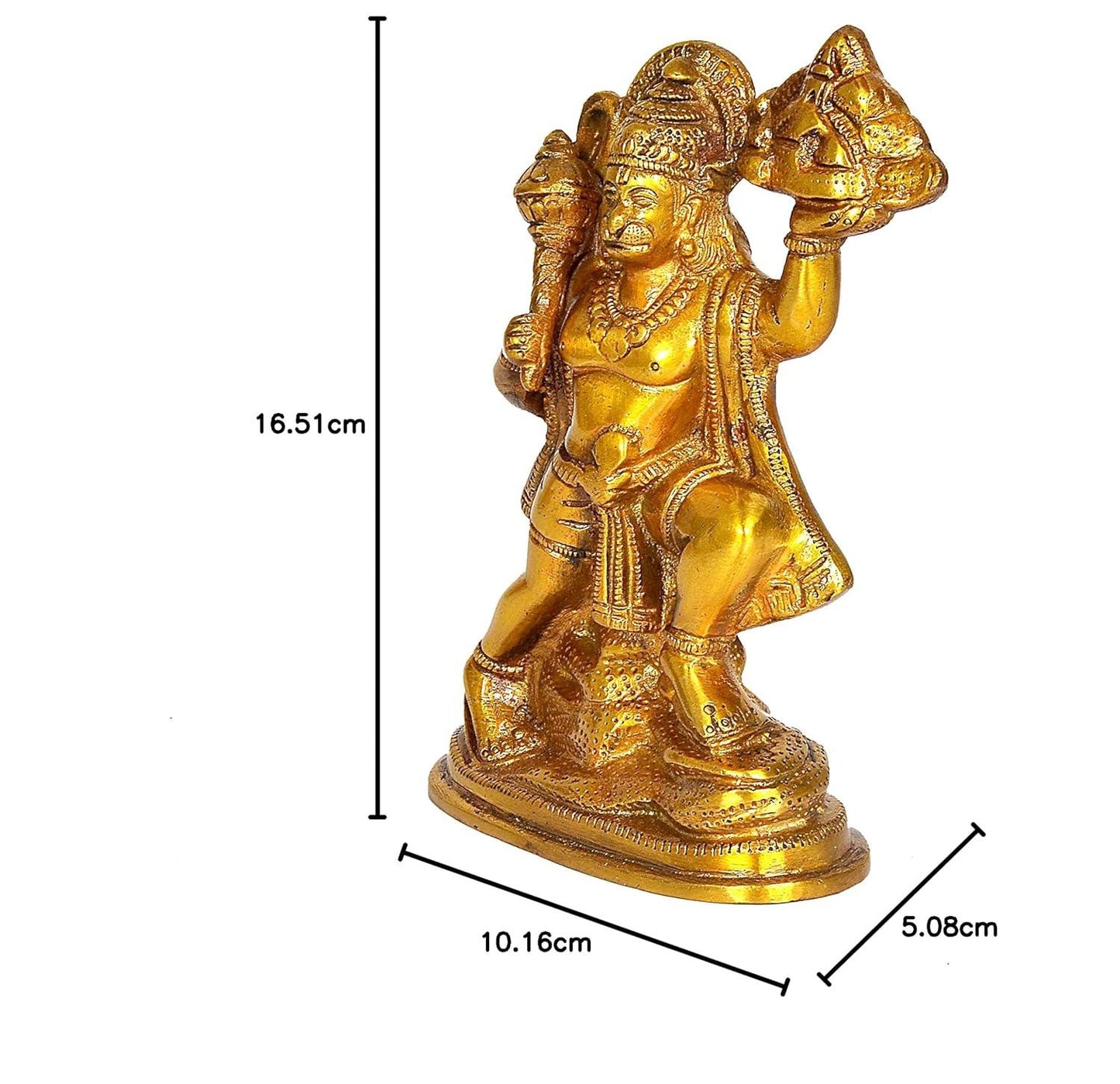 Handcrafted 6.5-inch solid brass Hanuman idol — flying pose carrying Sanjeevani mountain in right hand and gada in left, antique gold finish on oval base — ArtyCraftz