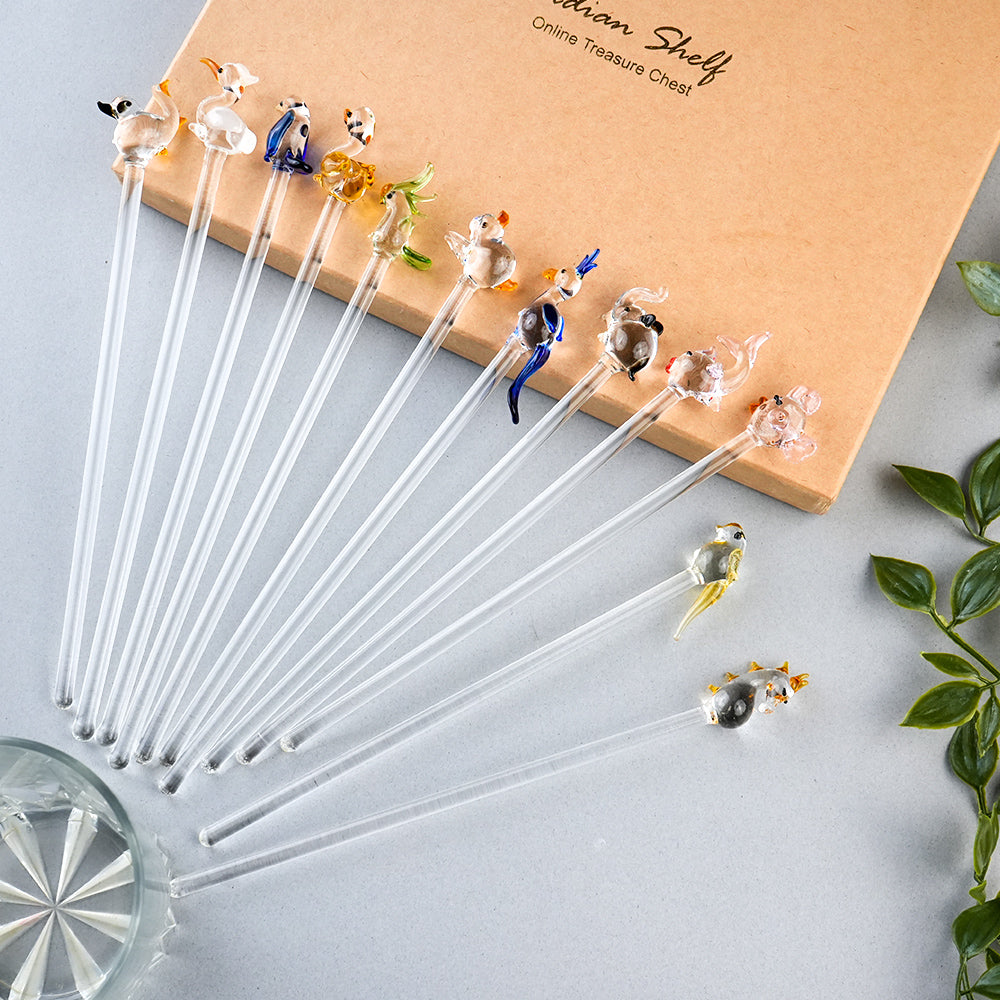 Handcrafted 6 Assorted Glass Animal Swizzle Sticks-ArtyCraftz.com