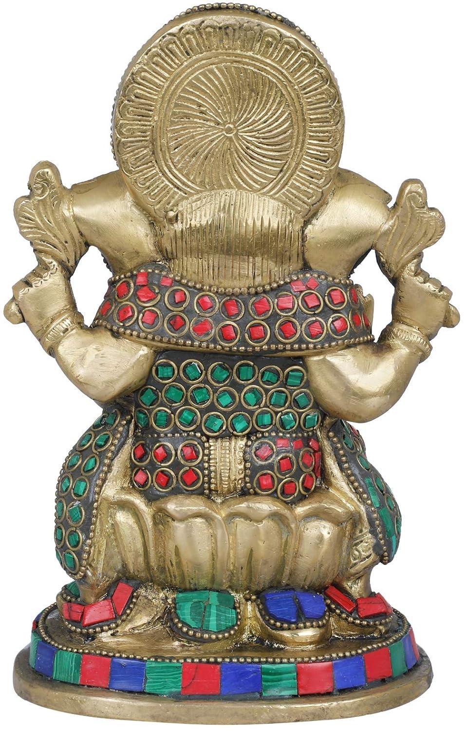 Handcrafted 8-inch brass Ganesha idol with red, green and blue stone inlay work, seated on lotus base — ArtyCraftz