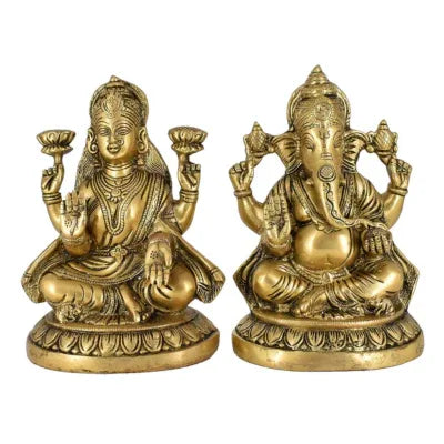 Handcrafted 8-inch brass Lakshmi and Ganesha idol set seated on lotus bases, antique gold finish perfect for Diwali pooja and home mandir- ArtyCraftz