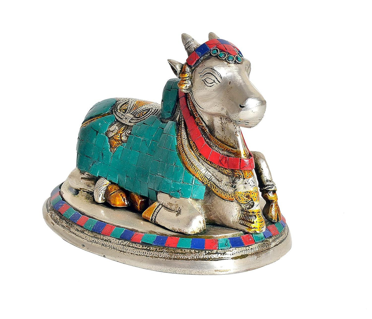Handcrafted 9.5-inch white brass Nandi idol with extensive turquoise mosaic and coral red stone inlay, silver-tone finish with gold accents, on stone-inlaid oval base — ArtyCraftz