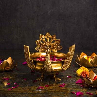 Handcrafted Antique Brass Peacock Urli - ArtyCraftz.com