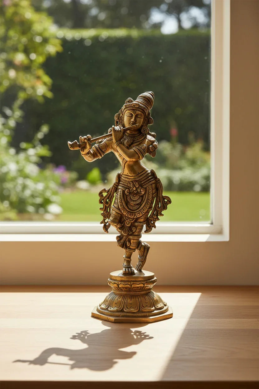 Handcrafted Brass Lord Krishna Playing Flute Idol 9 Inches - ArtyCraftz.com