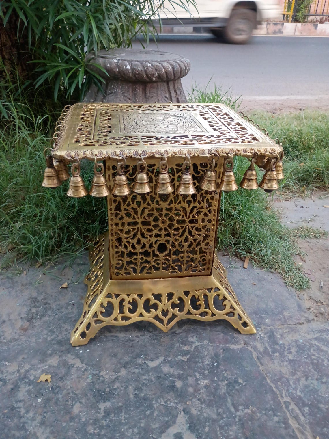 Handcrafted Brass Chowki with Hanging Bells for Pooja & Home Decor - ArtyCraftz.com