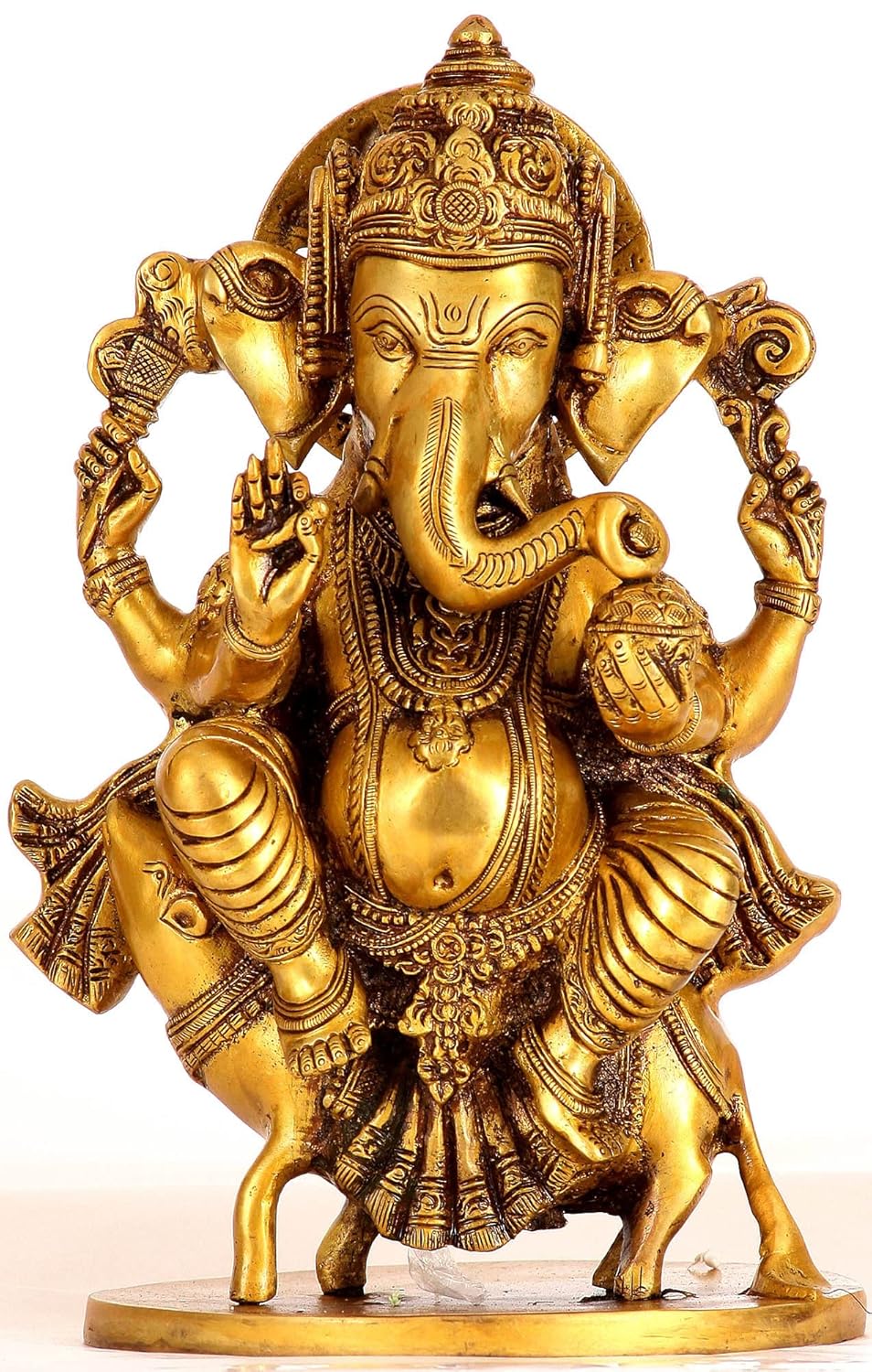 Handcrafted Brass Ganesha on Rat 10 Inches Statue Front View-ArtyCraftz.com