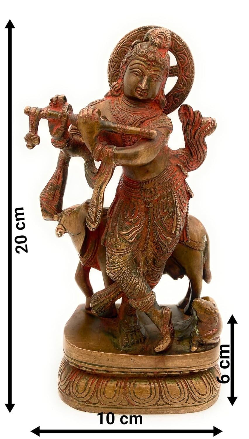 Handcrafted Brass Krishna Playing Flute with Cow Statue Measurement-ArtyCraftz.com