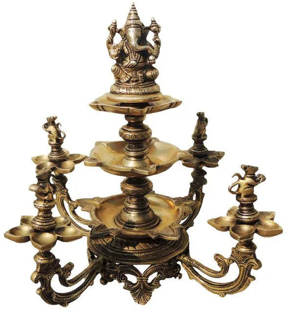 Brass Lord Ganesha Idol with Moosika Designer Pooja Lamp- ArtyCraftz.com