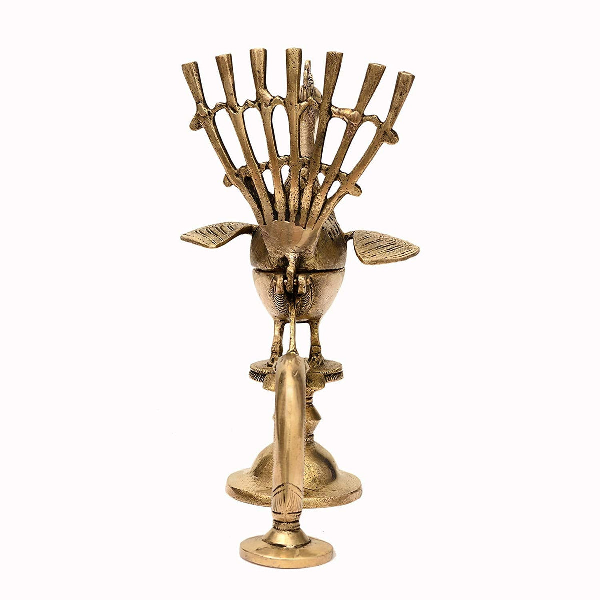Handcrafted Brass Peacock Incense Burner with Diya Back View-ArtyCraftz.com