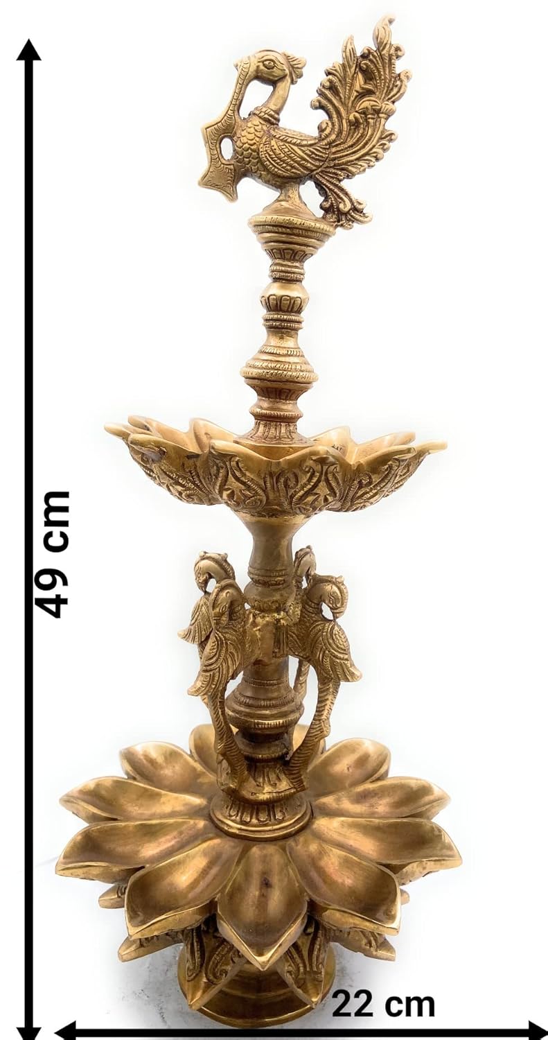 Handcrafted Brass Peacock Nilavilakku with lotus base Measurement-ArtyCraftz.com
