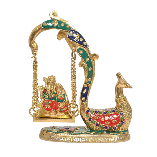 Handcrafted Brass Radha Krishna Swing Jhula with Peacock Design Front View-ArtyCraftz.com