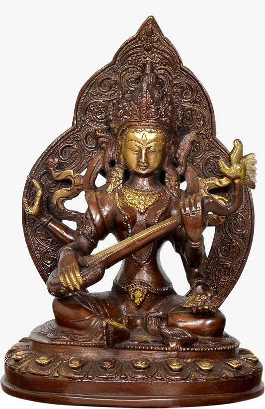 Handcrafted Brass Saraswati Statue with Veena for Home Temple-ArtyCraftz.com
