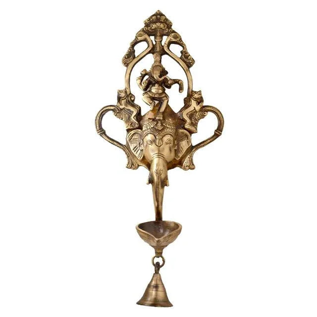 Handcrafted Brass Statue Decal Gansha Wall Hanging Puja Idol Diya's Bells - ArtyCraftz.com